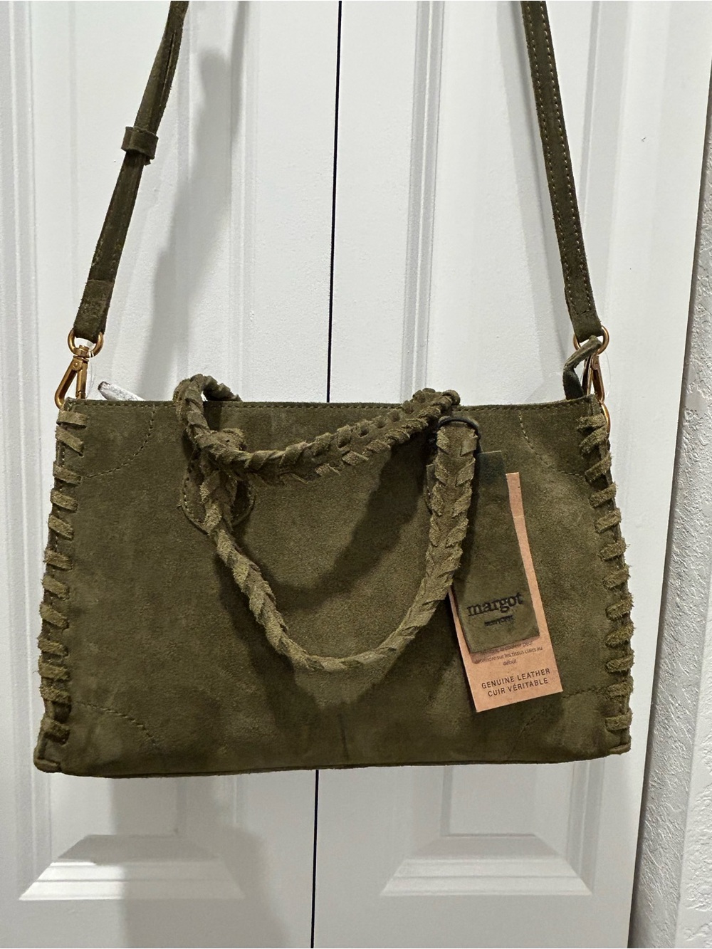 margot Olive Suede Braided-Handle Shoulder Tote